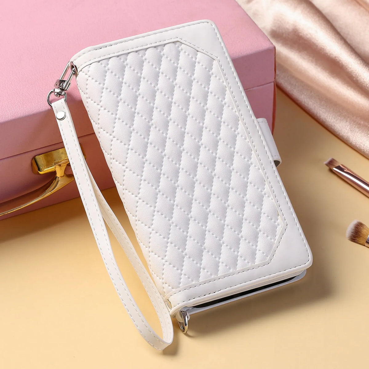 Crossbody plaid zipper phone case for Samsung in black, pink, white, or wine red, made from TPU and PU.