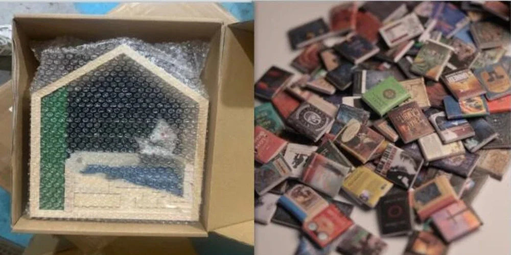 Wooden antique finish bookshelf ornament with 200 small books, 25.4 cm tall for decompression