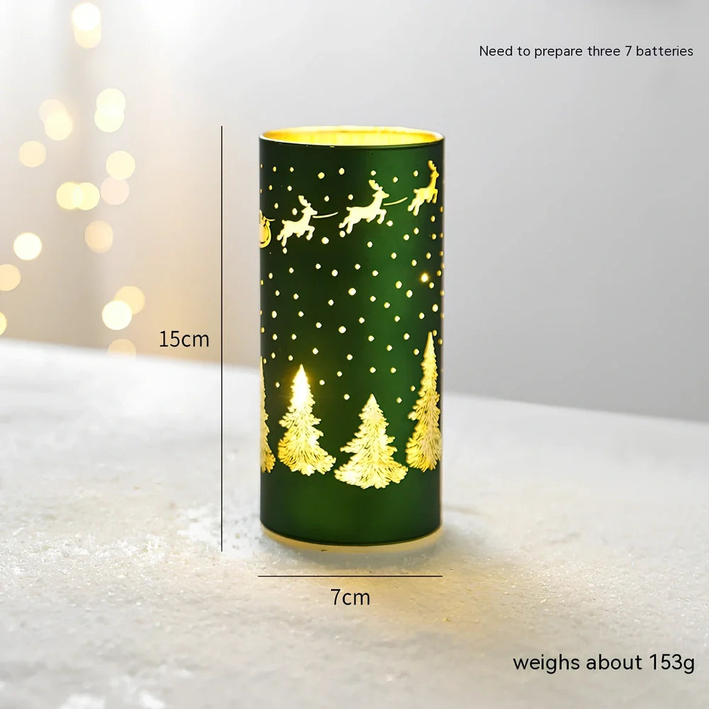 Glass Christmas desktop decoration showing tree, cone, and cup designs in various colours