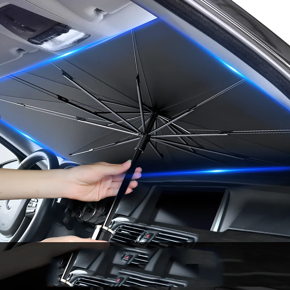 Foldable car windshield sunshade with titanium silver coating and black steel frame in three sizes