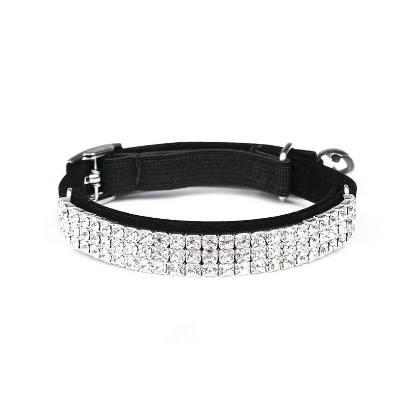 Rhinestone suede cat collar with adjustable 20-30 cm length and 1 cm width in red, blue, purple, black, or pink