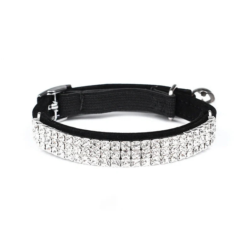 Adjustable velvet cat collar with rhinestones in five colour options showing 20-30cm length