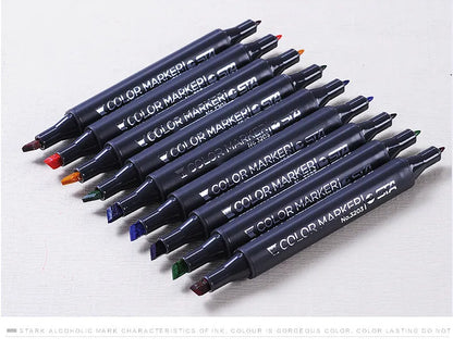 Double-headed alcohol-based oily colour animation paint pens with round and inclined tips for professional art students