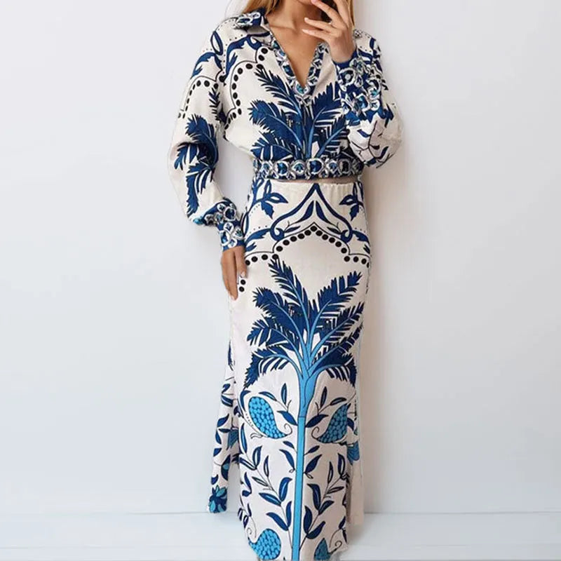 Flower pattern spring casual set with long sleeve top and matching skirt in polyester fabric