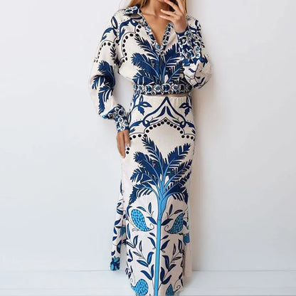 Flower pattern spring casual set with long sleeve top and matching skirt in polyester fabric