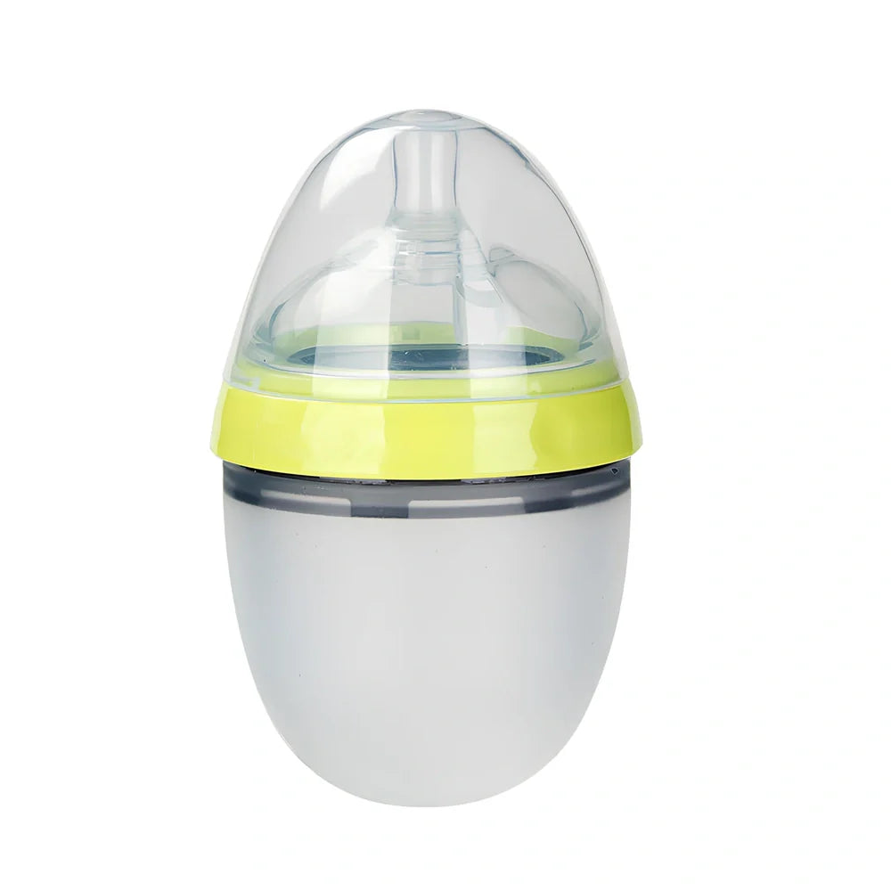 Pink and green silicone baby feeding bottles showing 4cm wide opening and soft flexible construction