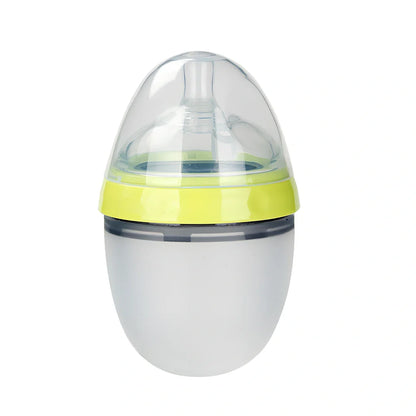 Pink and green silicone baby feeding bottles showing 4cm wide opening and soft flexible construction