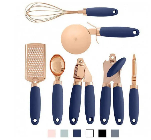 Rose gold stainless steel kitchen tool set with copper accents including peeler and utensils in six colour options