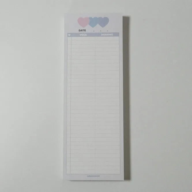 Vertical double-sided learning notepad showing 30 sheets in B5 half size (9.1x25.7cm) for English words practice