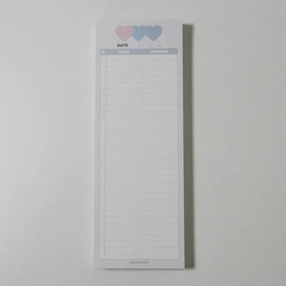 Vertical double-sided learning notepad showing 30 sheets in B5 half size (9.1x25.7cm) for English words practice