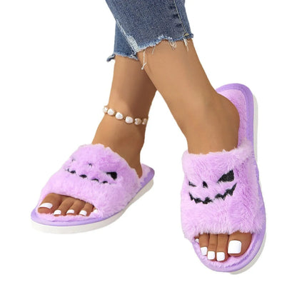 Plus size women's flat plush Halloween home slippers with artificial wool lining, TPR sole, toe ring design, purple orange black pink, sizes 35-44