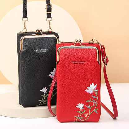 Flower embroidery phone bag with lock buckle in multiple colors