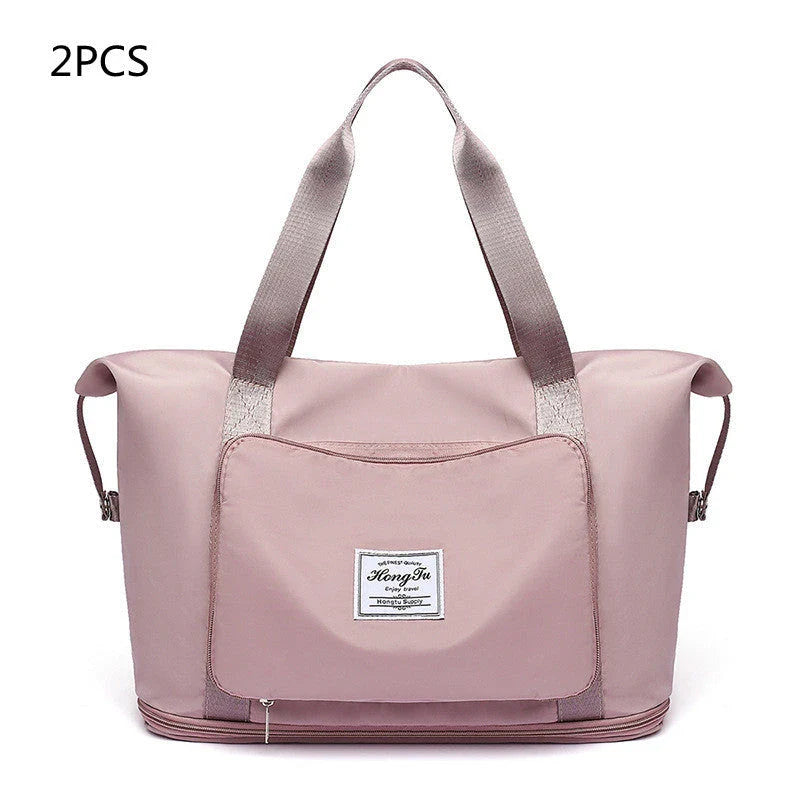 Roomy and foldable gym bag for women with waterproof Oxford fabric, multiple pockets, and wet/dry separation compartment
