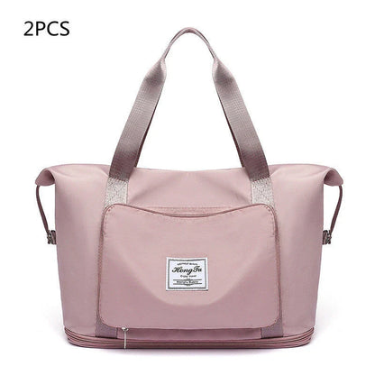 Roomy and foldable gym bag for women with waterproof Oxford fabric, multiple pockets, and wet/dry separation compartment