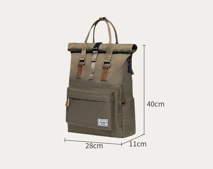 Casual polyester backpack with cover opening showing internal computer pocket and zippered compartment