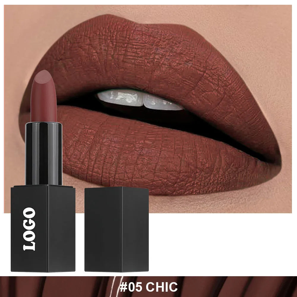 Beauty Does Not Fade matte finish lipstick in nonstick cup packaging, showing range of 24 colour shades.