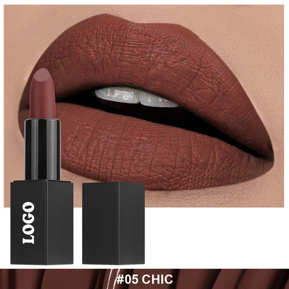 Beauty Does Not Fade matte finish lipstick in nonstick cup packaging, showing range of 24 colour shades.