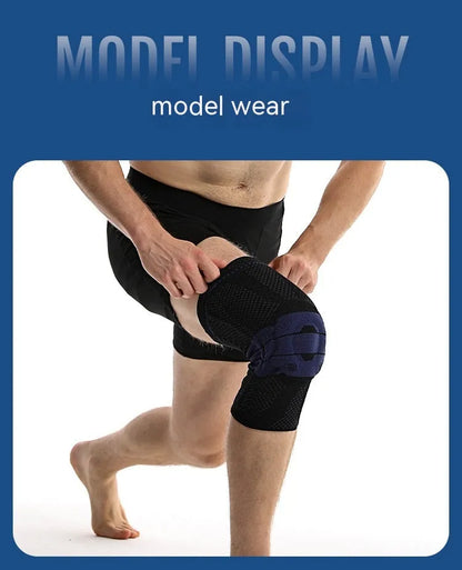 Black and blue adult sports knee pads made from nylon and spandex for running and basketball.
