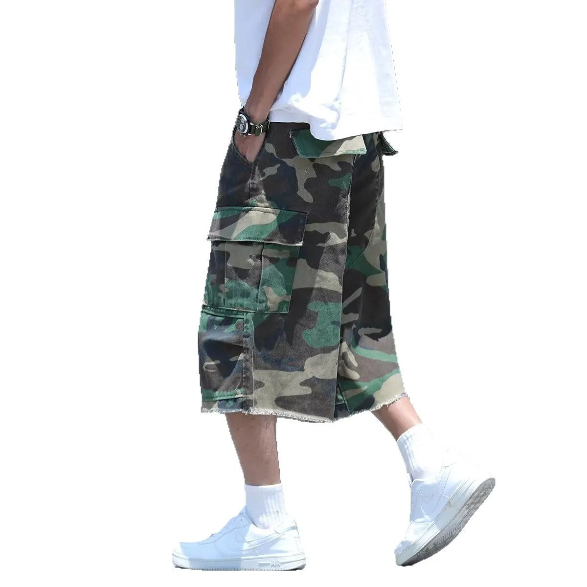 American-style loose-fit camouflage shorts in a cropped length on a neutral background.