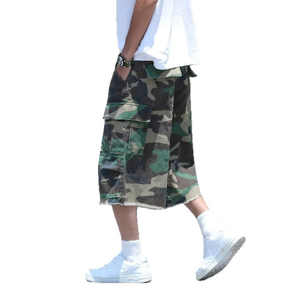 American-style loose-fit camouflage shorts in a cropped length on a neutral background.