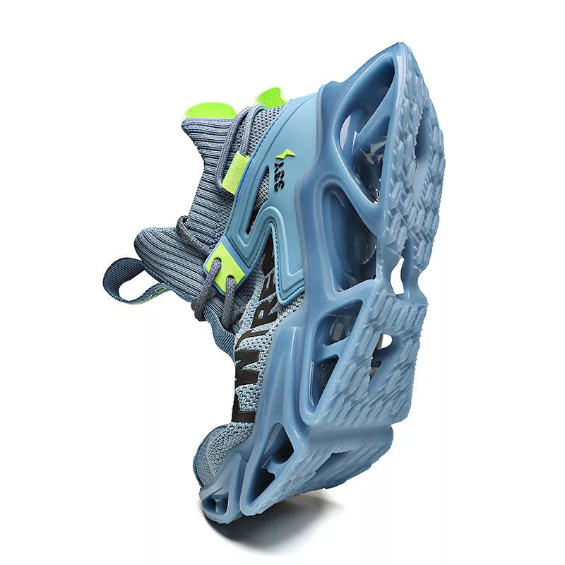 Shock-absorbing flying woven sports shoes in black, yellow, orange, and blue