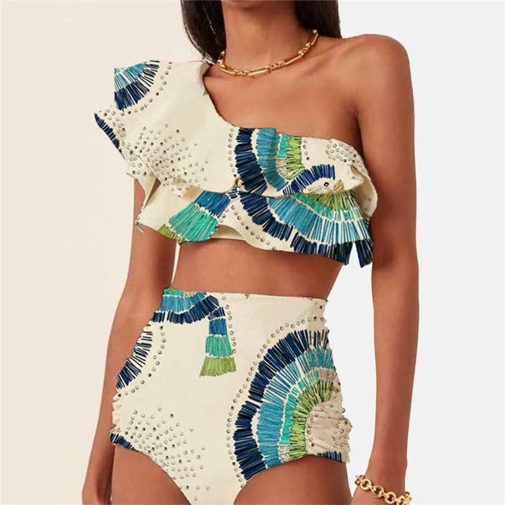 White women's one-shoulder swimsuit with large lotus leaf detail and split hem