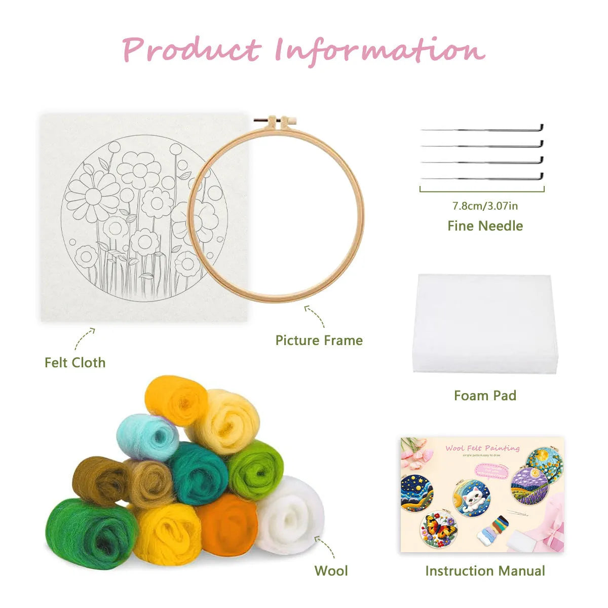 Round fabric embroidery kit with 20x20cm linen frame and wool felt for three-dimensional floral artwork