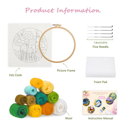 Round fabric embroidery kit with 20x20cm linen frame and wool felt for three-dimensional floral artwork