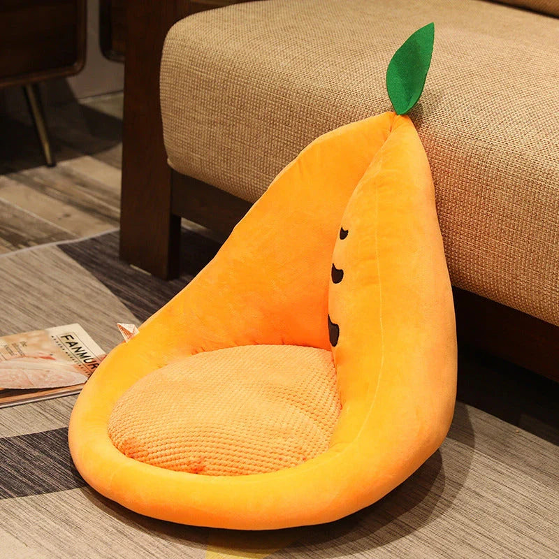 Adorable plush fruit-shaped pillows in various vibrant designs like cactus, avocado, and carrot for cozy home decor