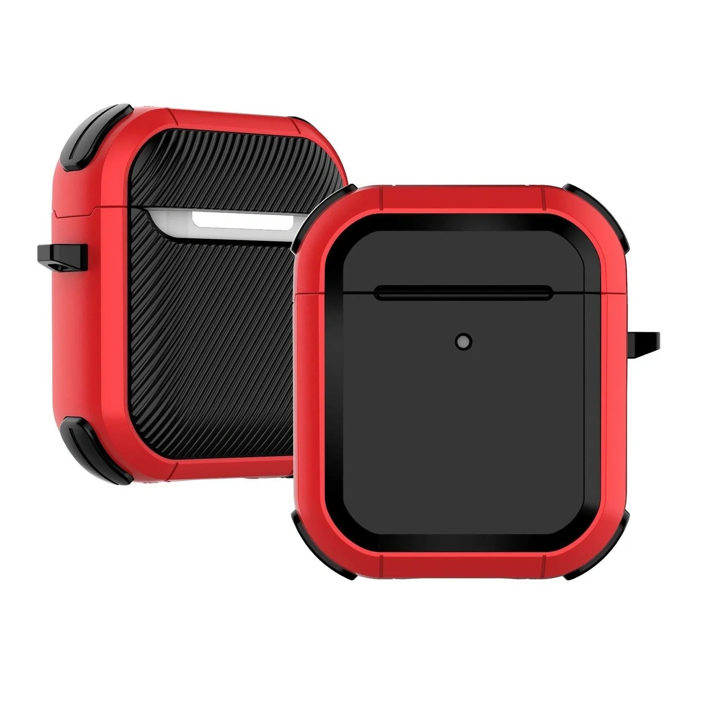AirPods protective sleeve case in clamshell design with multiple colour options showing charging port cutouts