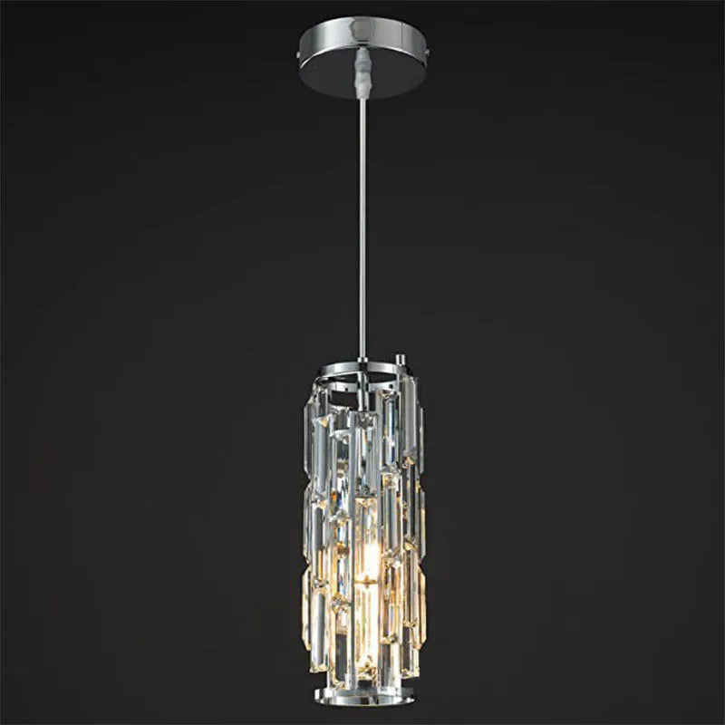 Industrial style crystal droplight with single LED head in black, gold, or chrome finish