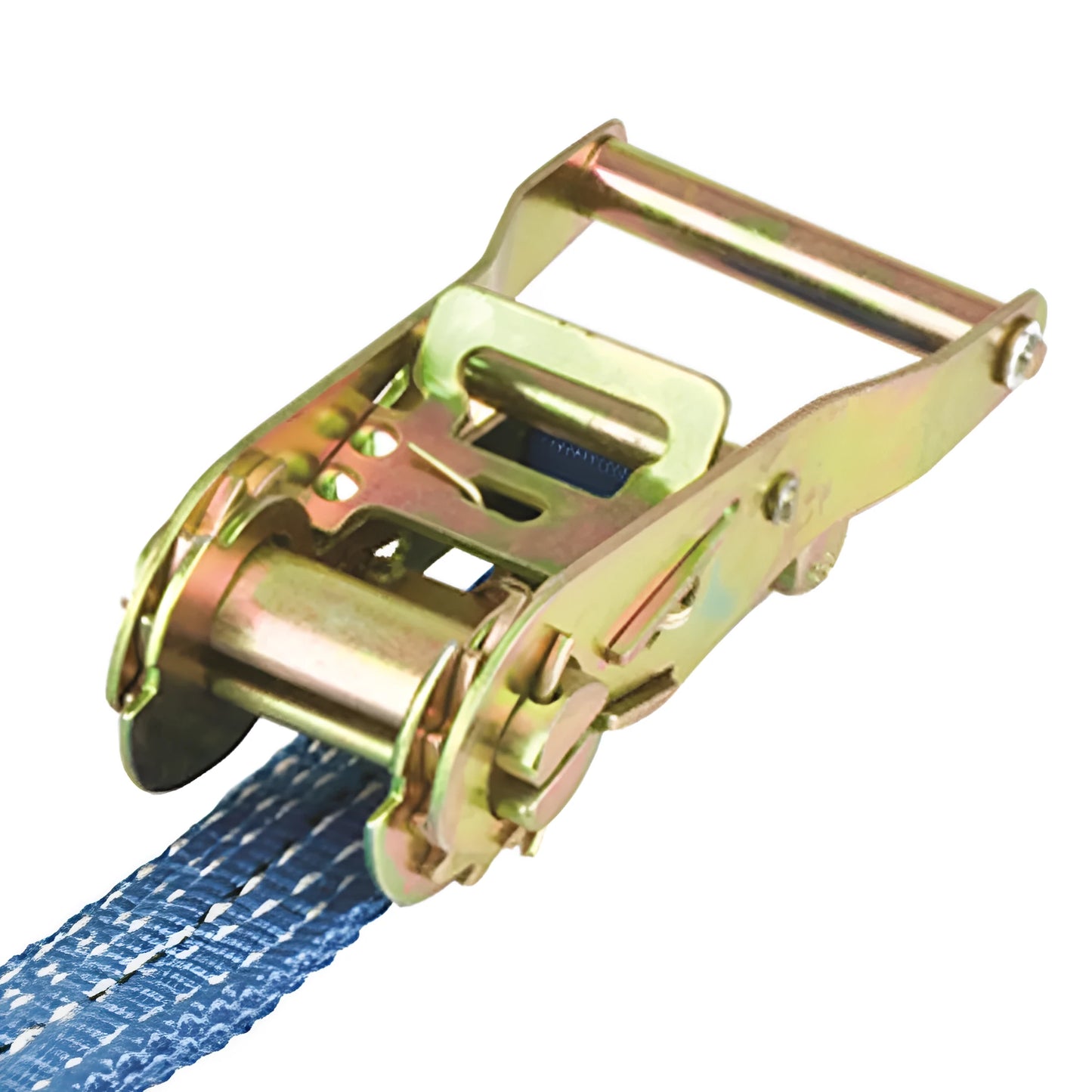 Heavy duty steel ratchet tensioner strap with double hooks and polyester webbing for cargo securing.