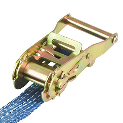 Heavy duty steel ratchet tensioner strap with double hooks and polyester webbing for cargo securing.
