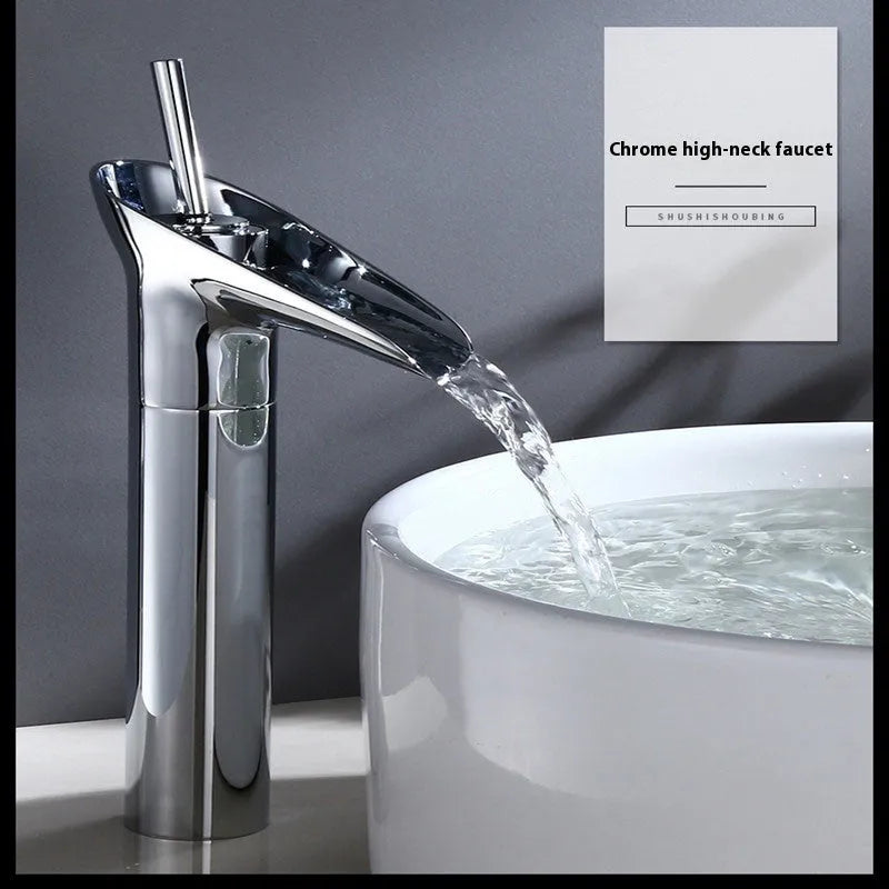 Brass basin faucet with a wine glass shaped spout in a choice of black, gold, or silver finish.