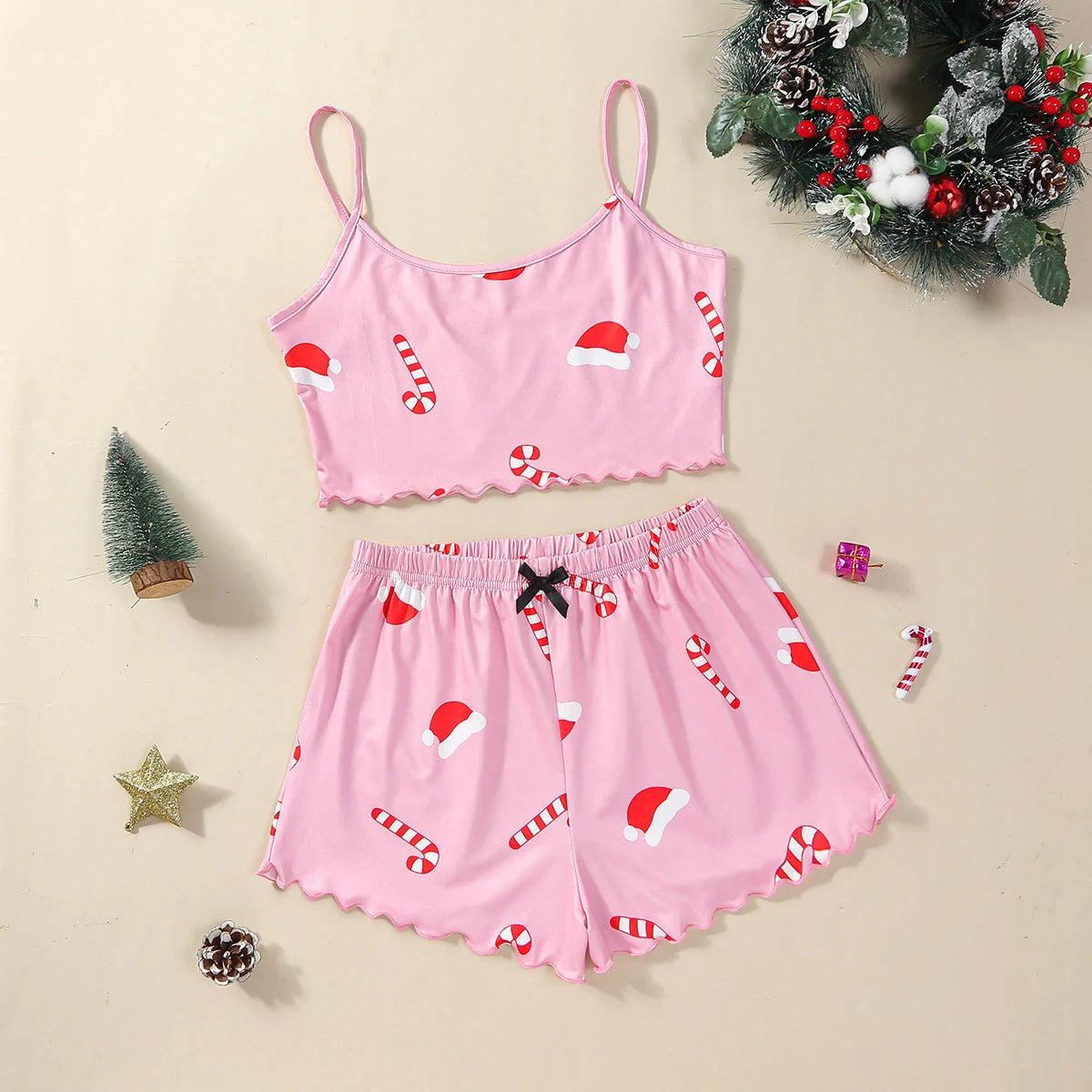 Christmas Women's Milk Silk Pajamas Set with Sleeveless Shorts in festive designs