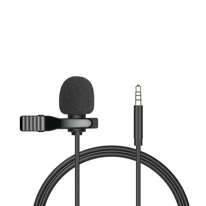 Wired lavalier microphone with clip and in-ear headphones for iPhone and 3.5mm devices.