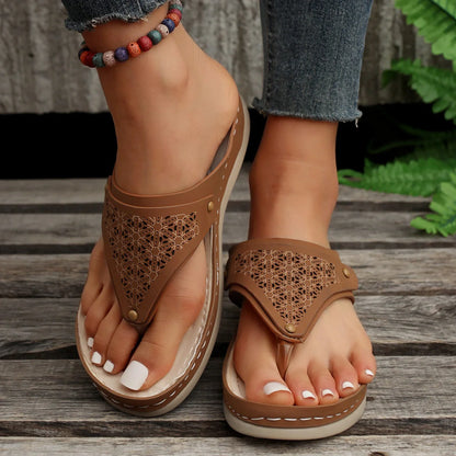 Women's PU thong sandals in various colors, showcasing segmented toe design
