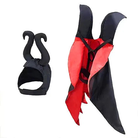 Small dog wearing a red bat devil cloak and pointed hat Halloween costume.