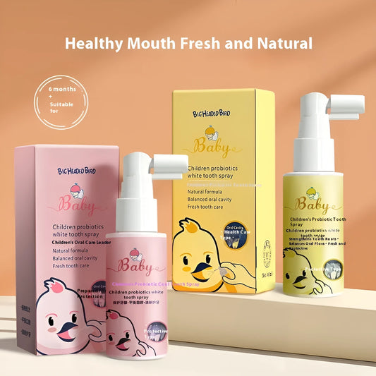 40ml bottle of children's probiotic oral spray for white teeth and cavity prevention in strawberry or orange flavour