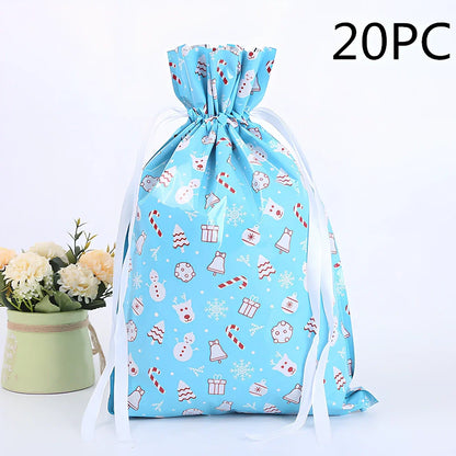 Christmas gift bag with drawstring closure in laser gold finish, 32x24cm dimensions