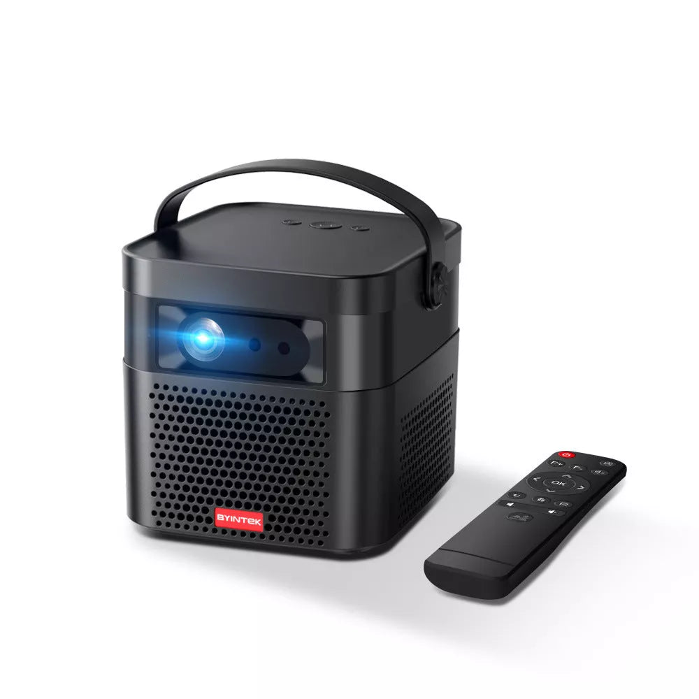 Rechargeable HD 3D Home Theater Projector displaying a movie on a large screen