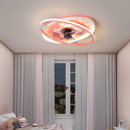 Modern children's bedroom ceiling fan with integrated LED light and remote control in blue colour option