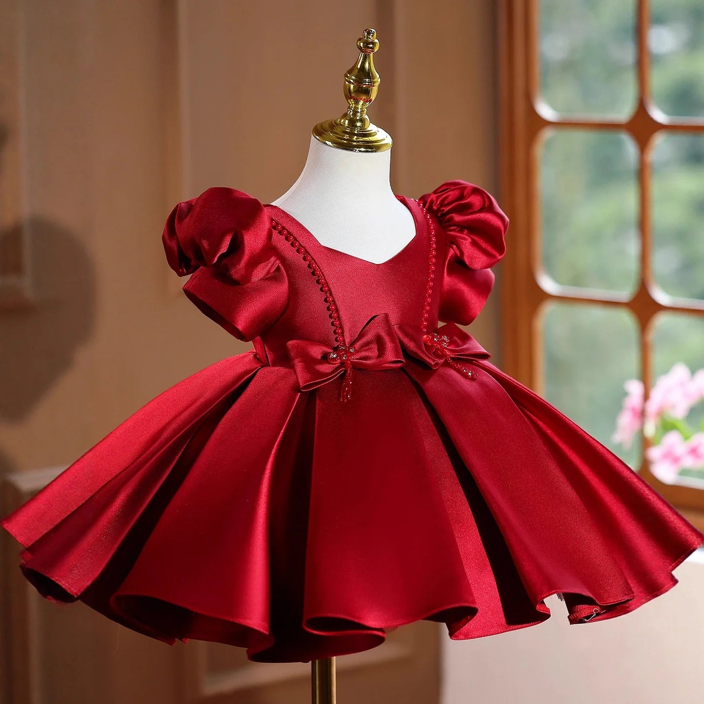 Wine red polyester girls' evening dress with princess design elements for birthday parties