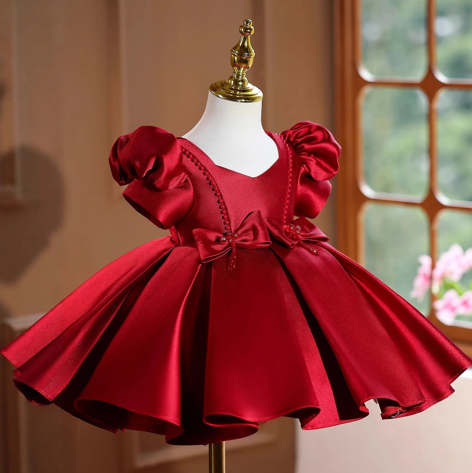 Wine red polyester girls' evening dress with princess design elements for birthday parties