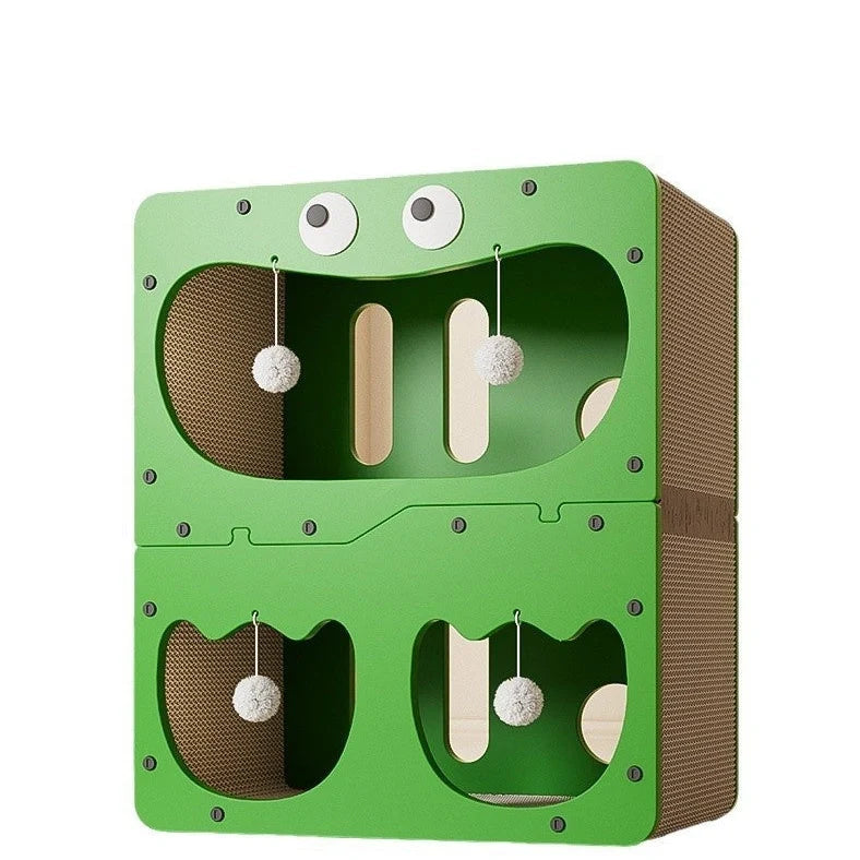 Double layer cat scratching board with owl design panel and integrated resting nest