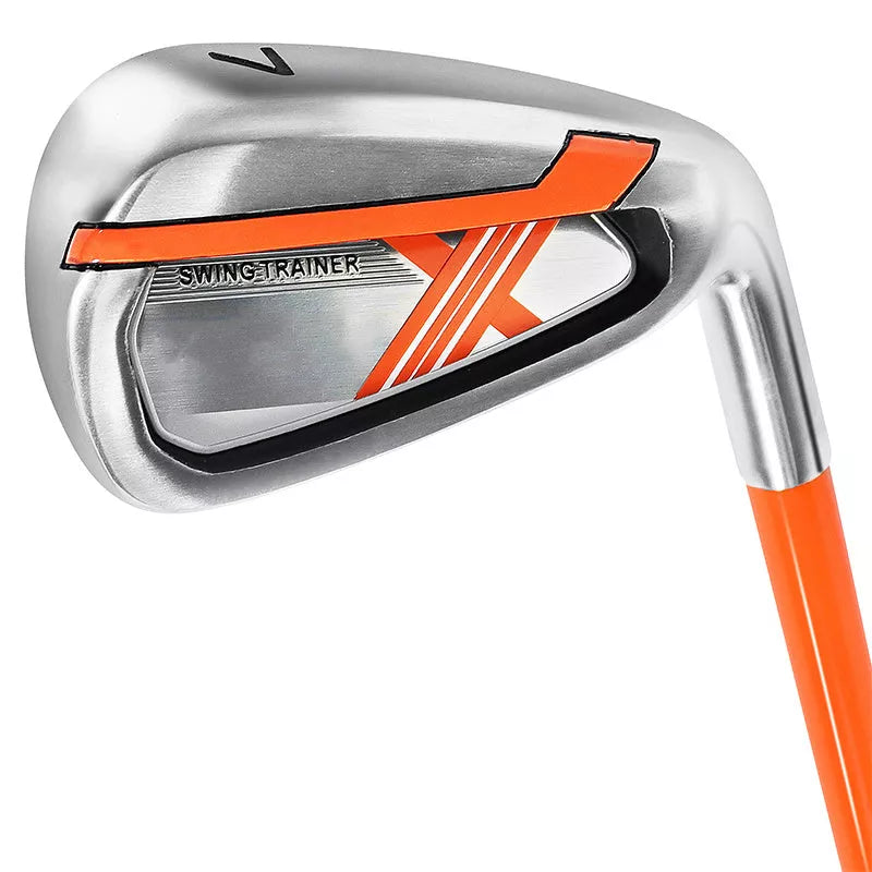 Golf Iron Swing Trainer in orange, black, and blue for swing practice