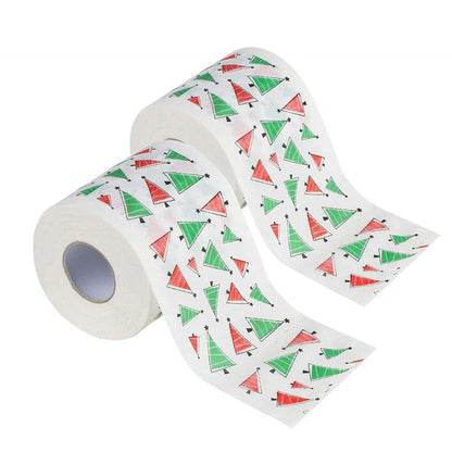 Christmas-themed toilet paper roll with Santa Claus and festive designs