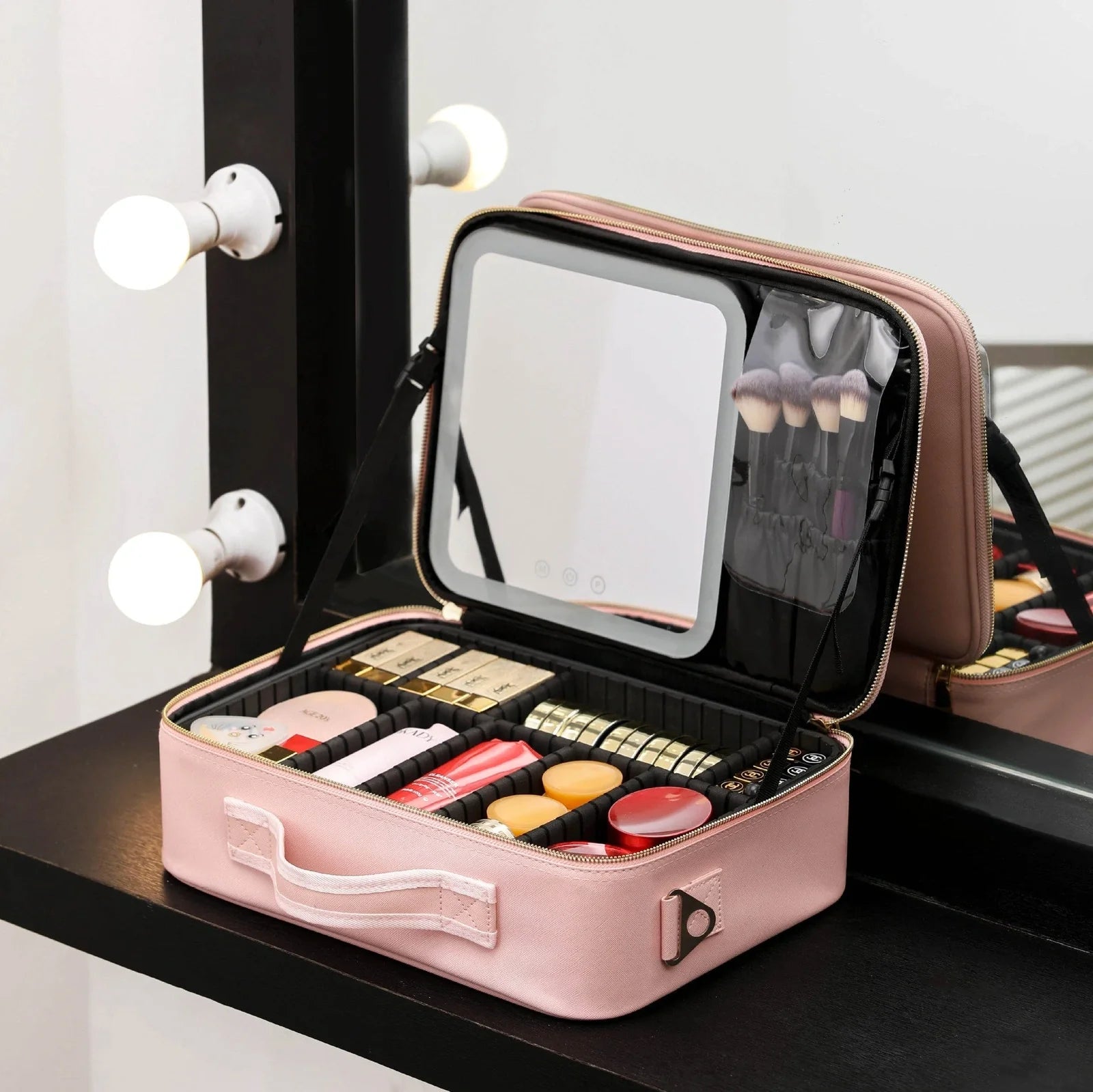 Portable black PU makeup storage bag with integrated LED mirror and USB cable connection