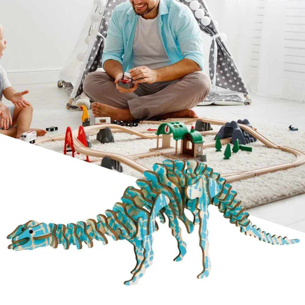 A 3D wooden puzzle model of a dinosaur with various color options
