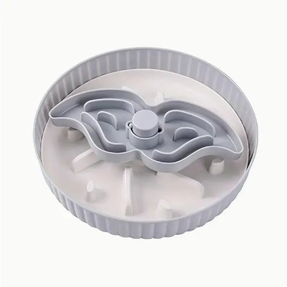 Pet food basin with rotating game board and textured silicone pad in multiple colour options including beige, blue, gray, green, and red